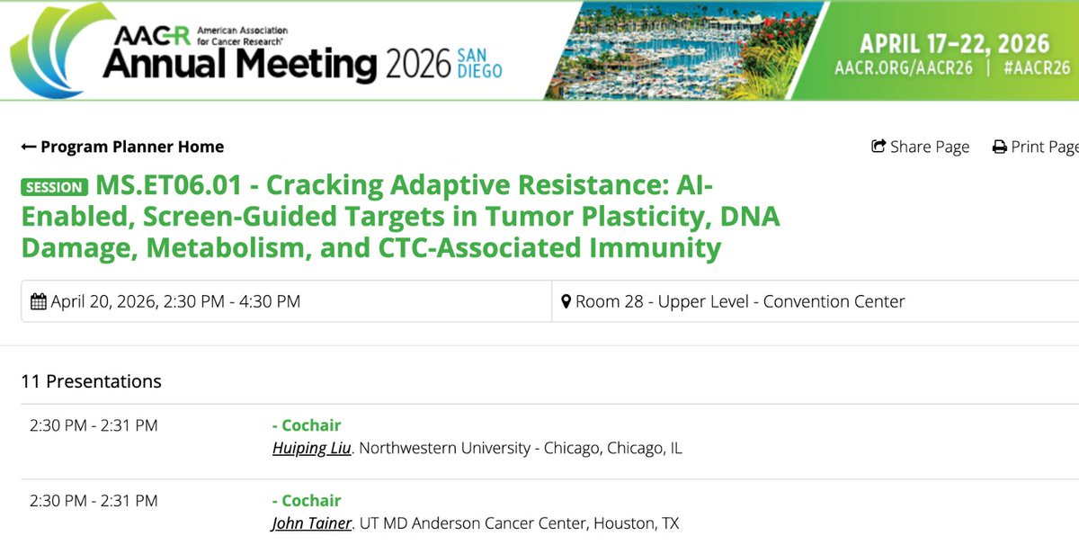 LiuCluster's tweet image. AI is a big theme at #AACR26, looking forward to co-chairing (w Dr. John Tainer) Minisymposium on #AI and #drugdevelopment #drugresistance #cancerstemness #metabolism #CTC Today 2:30-4:30 at room 28 (upper level) @AACR 7 presenters @UTMDAnderson @LurieCancer @NUFeinbergMed ...