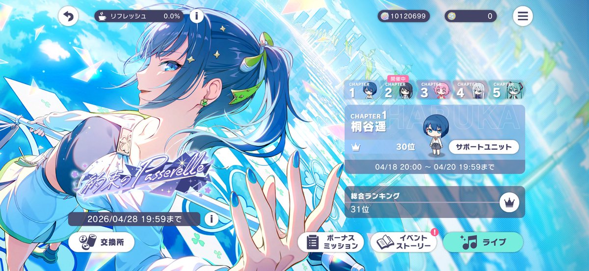 ✧︎.·*.━━━━━━━━━━━━━━━━━.·*.✧︎

                    ✨約束のPasserelle✨
                     🐧Chapter1 桐谷遥🐧

                       30位 133,191,005pt

✧︎.·*.━━━━━━━━━━━━━━━━━.·*.✧︎