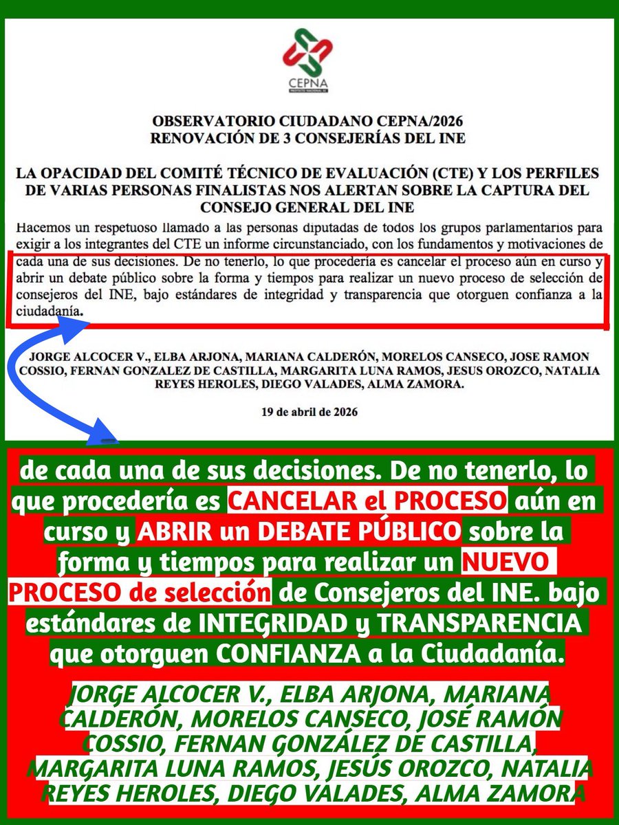 🚨SEGURIDAD NACIONAL DEMOCRÁTICA🚨

Mañana MARTES 21/ABRIL a las 7️⃣AM,

hagamos un CERCO a la C.Diputados

para q se SUSPENDA el proceso de designación de 3 Consejeros-INE y busquemos una SOLUCIÓN POLÍTICA como aquí PROPONEN los EXPERTOS ELECTORALES.

🇲🇽RT, DIFUNDE por favor 🙏🇲🇽