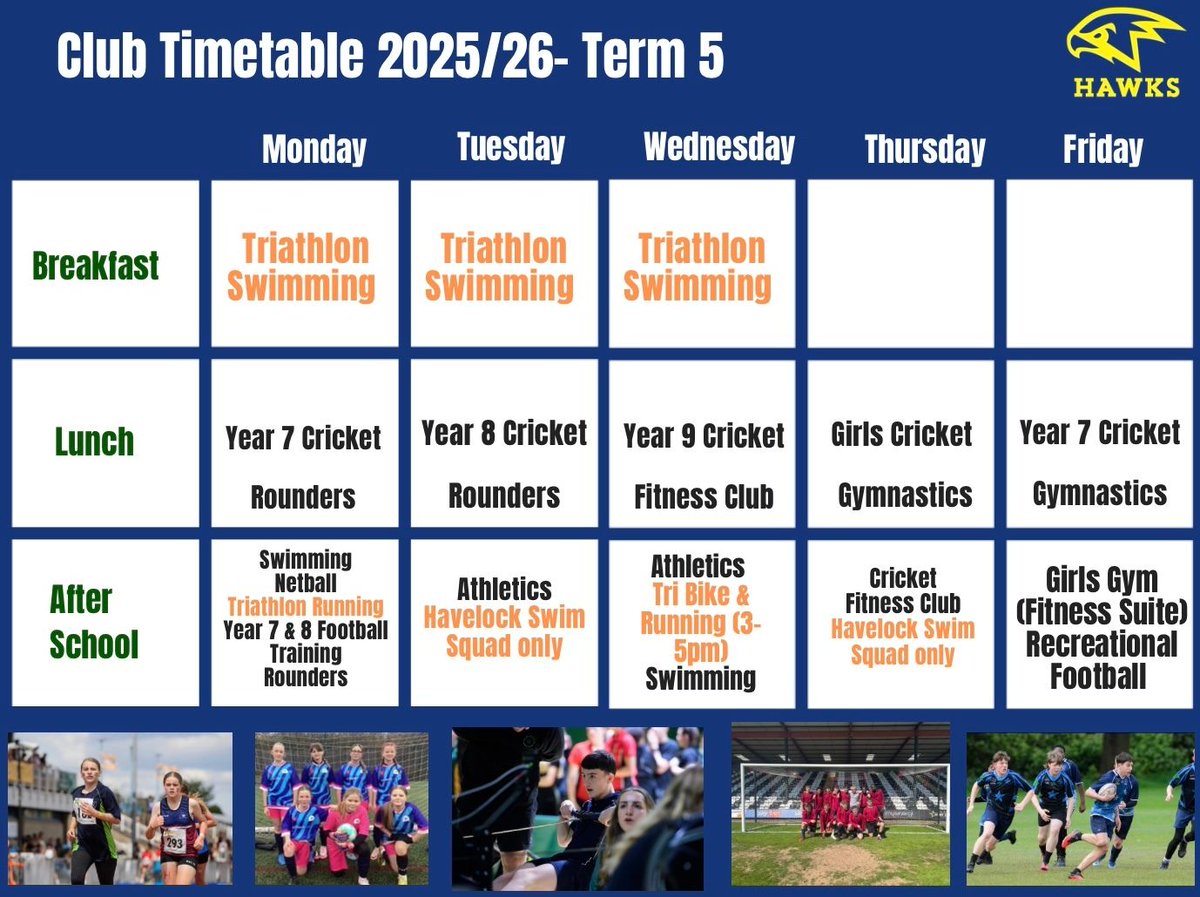 HavelockAcademy's tweet image. 🏃‍♀️ Term 5 Sports Clubs Are Here! 🏏🏊‍♂️

Get ready for an action-packed half term with our HT5 enrichment programme! 

📅 Clubs run at breakfast, lunch, and after school - giving everyone a chance to get involved.

#GetActive #HavelockHawks