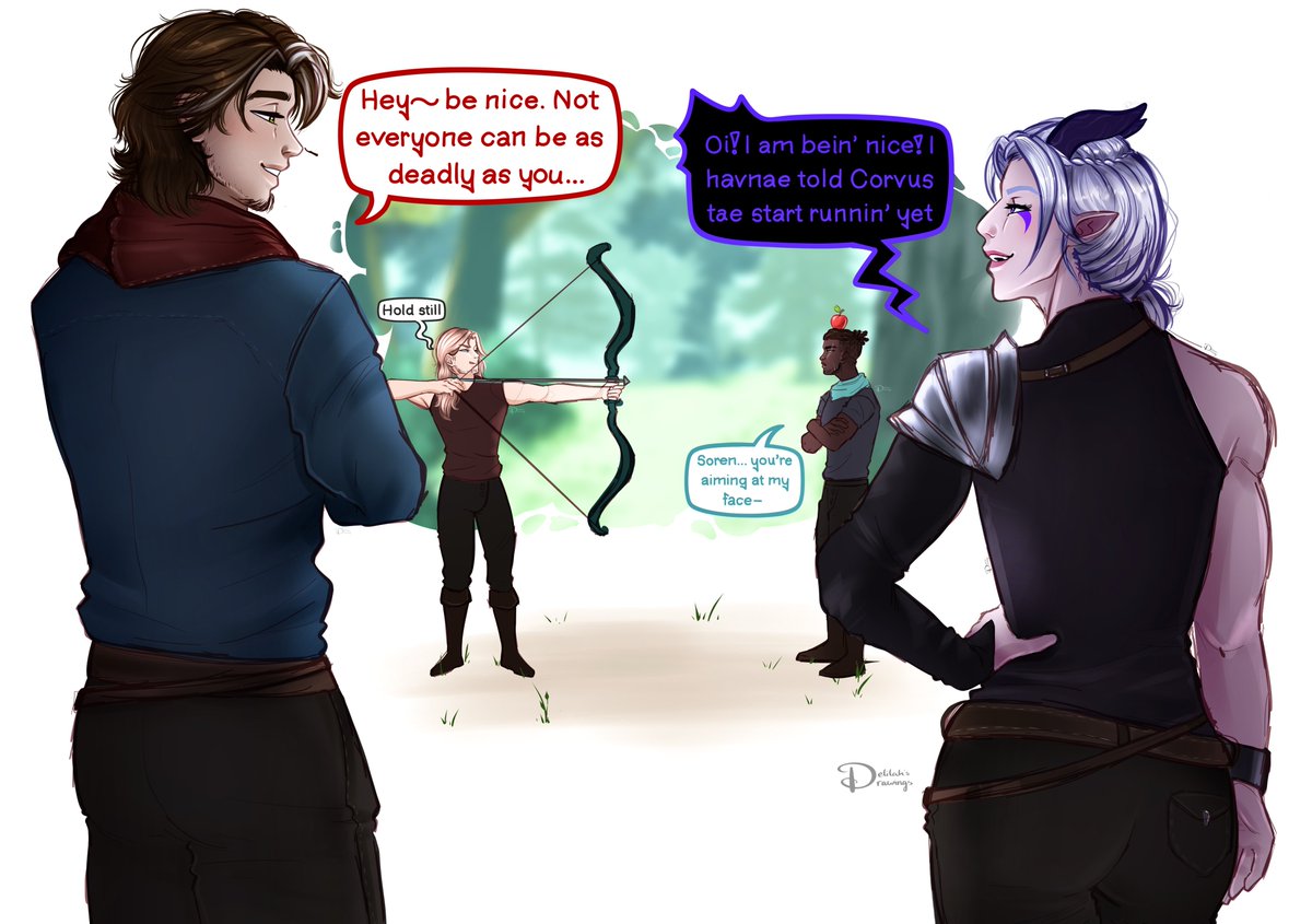 delilahsdrawing's tweet image. Rayla &amp;amp; the Katolian Boys pt. 2

Soren steals Rayla’s bow and tries to practice shooting with Corvus (who got unwilling dragged into this). And of course Rayla and Callum just have to comment… 
#thedragonprince #thedragonking #tdp #tdk