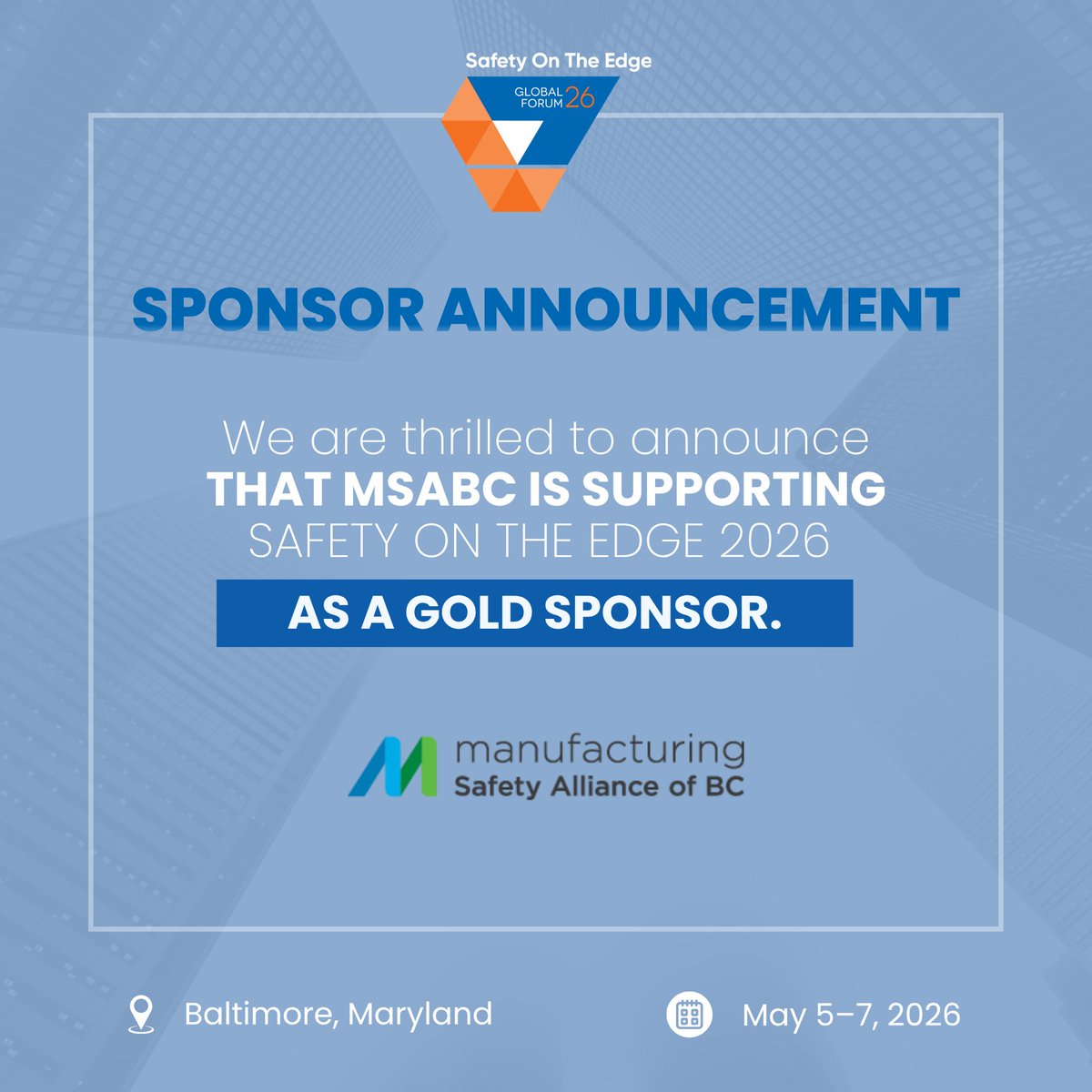 SafetyOnTheEdge's tweet photo. MSABC joins Safety On The Edge 2026 as a Gold Sponsor.

A non-profit supporting manufacturers with training, resources &amp; safer workplaces.

Focused on practical safety and continuous improvement.

📍 Baltimore
📅 May 4–7, 2026

Learn more: https://t.co/DaYbXqtcou https://t.co/1dFhrgAB7o