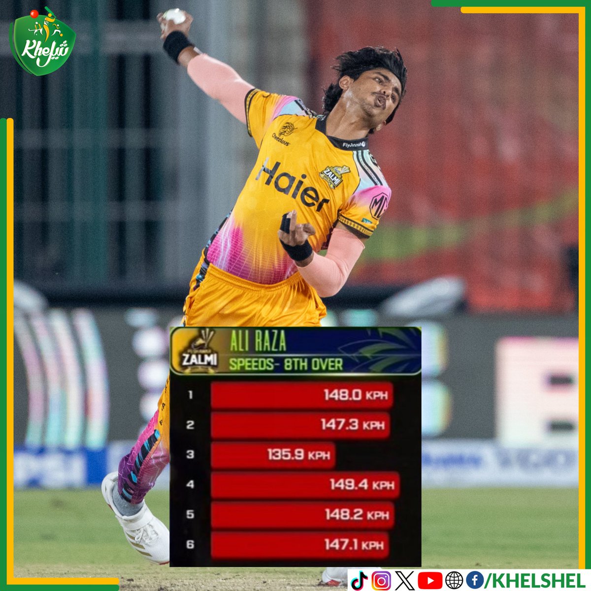 khelshel's tweet image. Youngster Ali Raza clocked 149.4 against Quetta Gladiators 😳

#Cricket | #Pakistan | #AliRaza | #PSL11 | #PeshawarZalmi