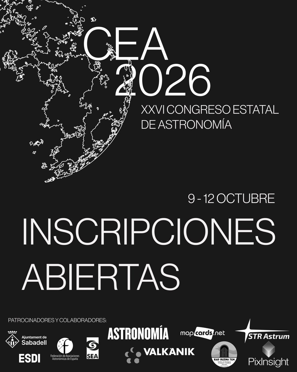 astrosabadell's tweet photo. ¡INSCRIPCIONES ABIERTAS! CEA 2026

El Congreso Estatal de Astronomía 2026 abre oficialmente sus inscripciones. Prepárate para formar parte de uno de los encuentros más importantes para los amantes del Universo

¡Reserva ya tu plaza!
👉https://t.co/kIrfs9vOKY https://t.co/1LI1guwoUj