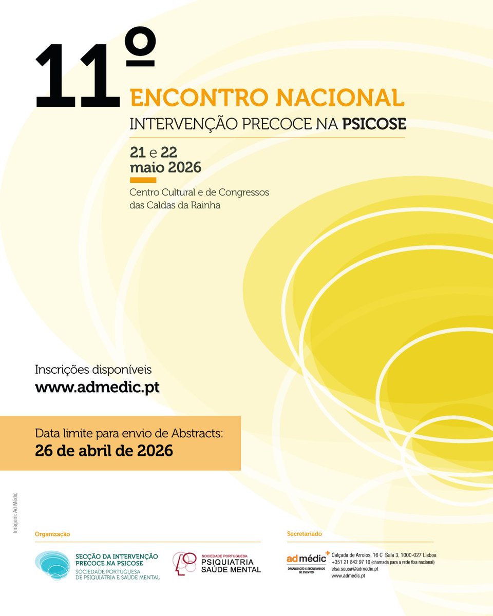 SPPSM_'s tweet photo. 📣 O prazo para a submissão de trabalhos para o 11.º Encontro Nacional de Intervenção Precoce na Psicose termina no dia 26 de abril!

🔗Consulte mais informações e submeta o seu trabalho até dia 26 de abril aqui: https://t.co/nzo6hzqJvP

Contamos com a sua participação! 💪 https://t.co/5maAlumfY2