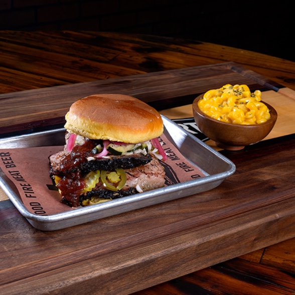 Brisket Sandwich Special, Lockhart Poppers, Peach Cobbler, and House Made Pecan Pie