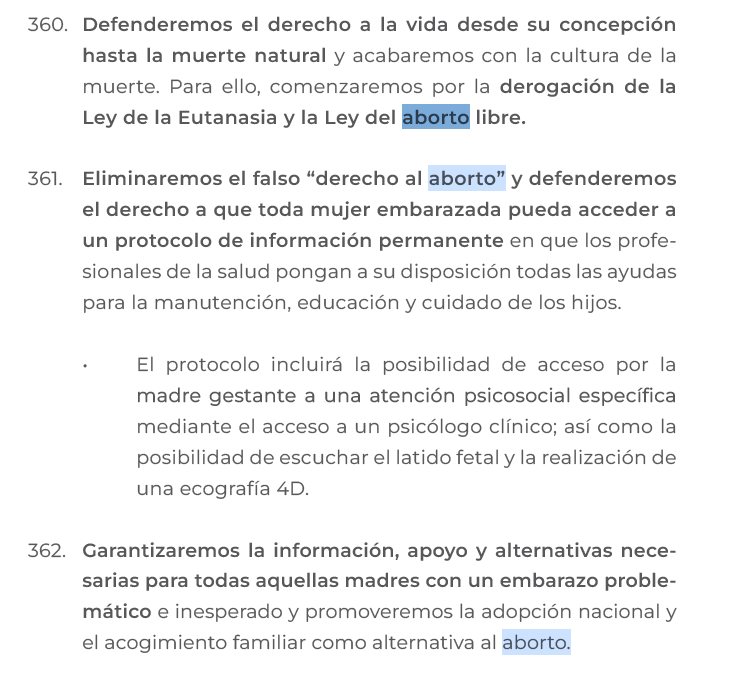 VOX si defiende prohibir y penar el aborto, lo repite hasta en 5 artículos en diferentes partes.