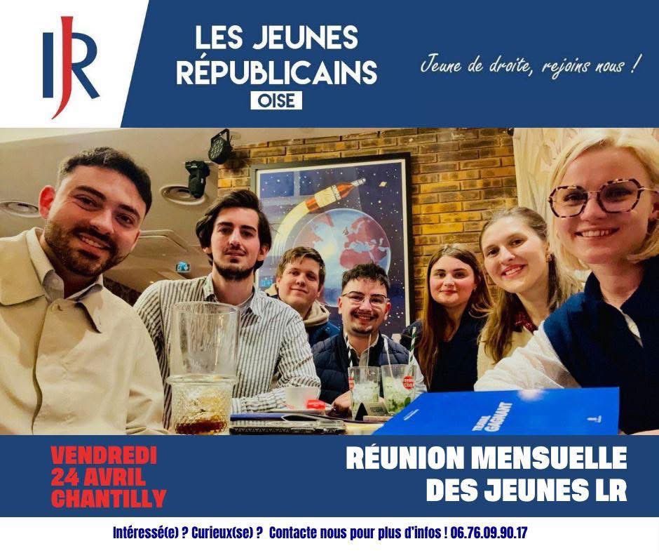 JeuneReps60's tweet photo. Réunion mensuelle des Jeunes Républicains de l'Oise ! ✨

Rendez-vous le vendredi 24 avril dès 18h30 au bar La Villa (Pl. Omer Vallon) à Chantilly pour notre réunion mensuelle ! Echanges, bonne ambiance et nouveaux projets au programme !

+ d’infos en DM https://t.co/iloKiIVwQM