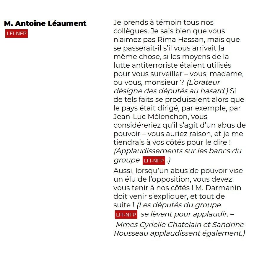 [1/2] Colère sur les bancs de gauche suite aux révélations par Mediapart de la mise sous surveillance du téléphone de Rima Hassan depuis Janvier #DirectAN