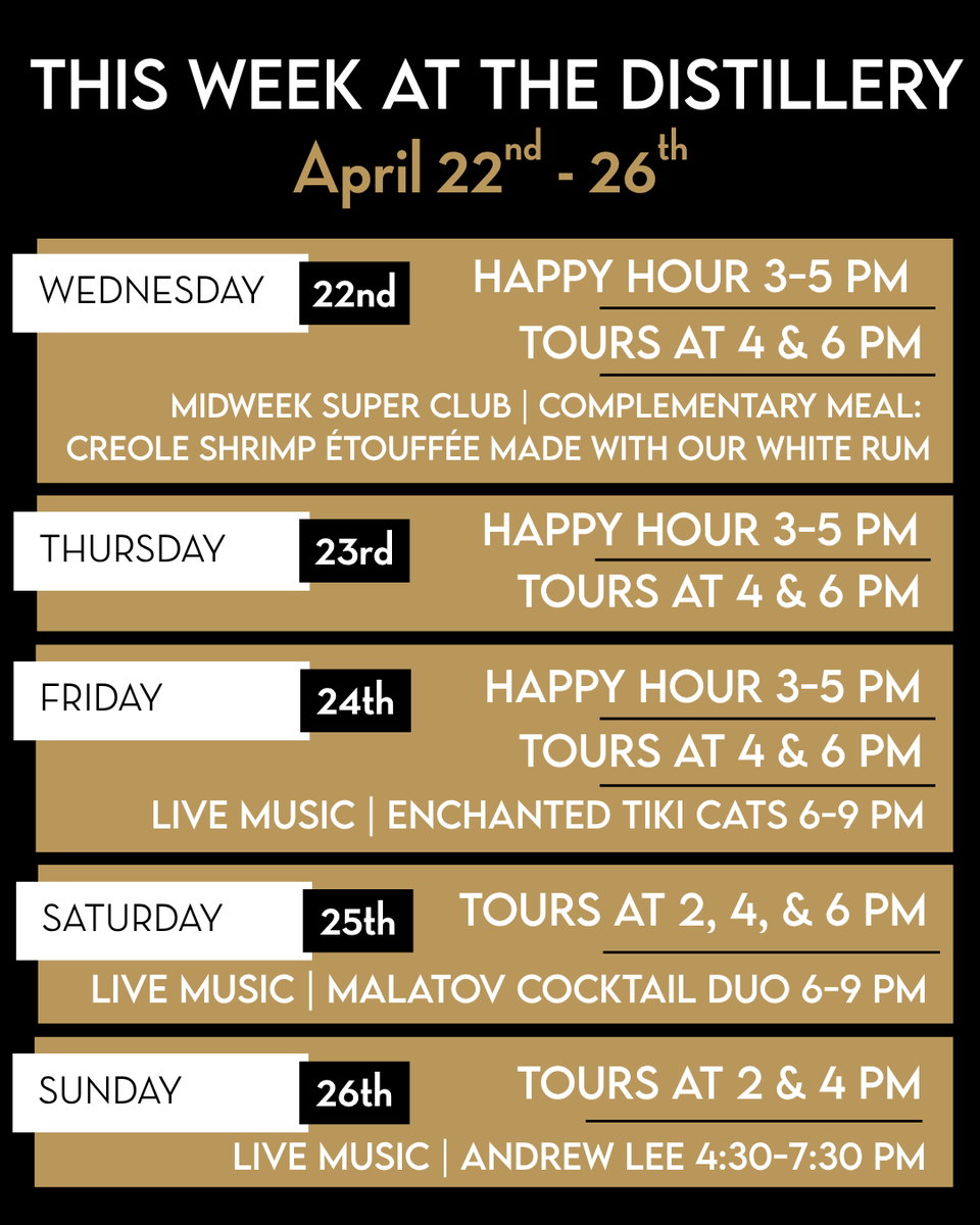 This week at the distillery!

No reservations required for events must book tour in advance. First come, first served.