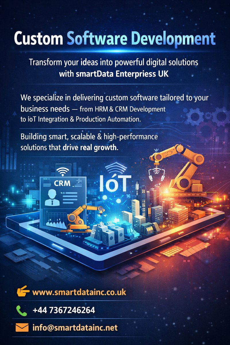 smartDataIncUK's tweet image. Transform your ideas into powerful #digitalsolutions with #smartData #UK
We specialize in delivering #customsoftware tailored to your business needs — from #HRM &amp;amp; #CRMdevelopment to IoT integration and production automation. 
smartdatainc.co.uk/contact-us/
#ITServices #FutureTech