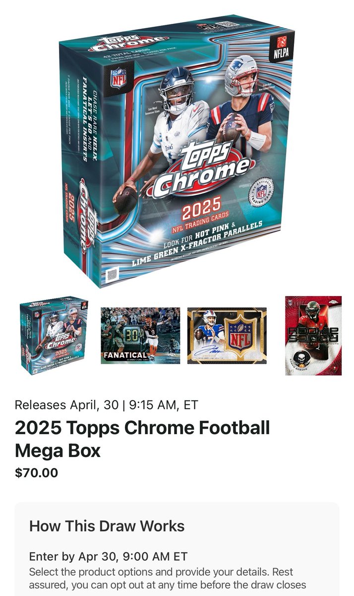 CardPurchaser's tweet image. Topps Chrome Football Mega Box drawing opens for entries tomorrow at Dick's Sporting Goods, April 21, 8am central, App Only #ad 

howl.link/jju7unxoa9ao2