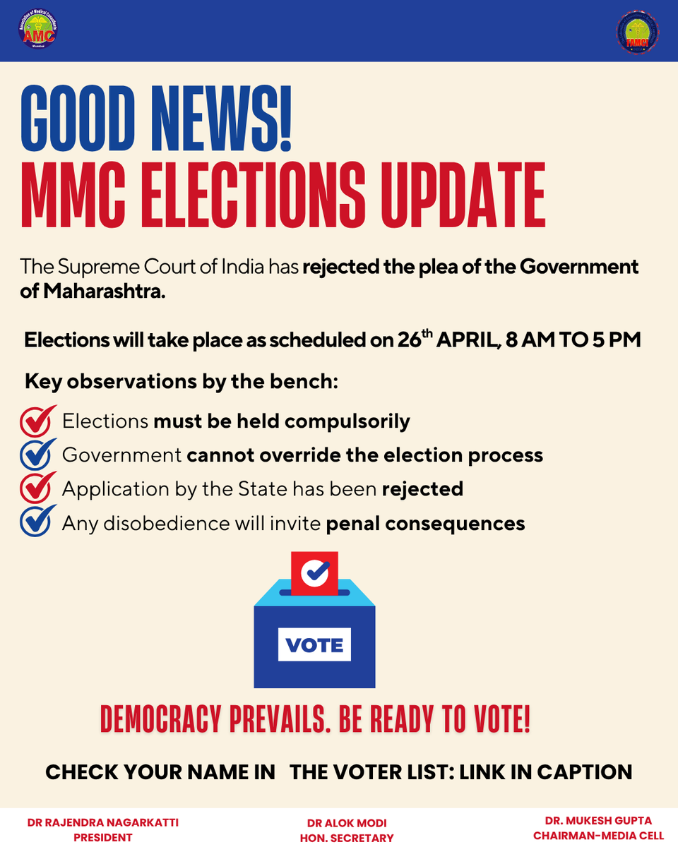 AMCMUMBAI's tweet photo. Get Ready to Vote! The Elections are scheduled on 26th April from 8AM to 5PM. Check your name in the voter's list, link: https://t.co/DdIvXznnV3.

Vote for our AMC and  FAMCI candidates! https://t.co/hoZ8PiASgd