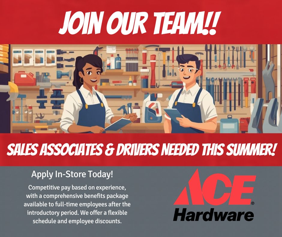 priceandgannon's tweet image. Join our team!
We're hiring at Price &amp;amp; Gannon Ace Hardware. Stop in today! 🔧
#JobOpportunity #AceHardware