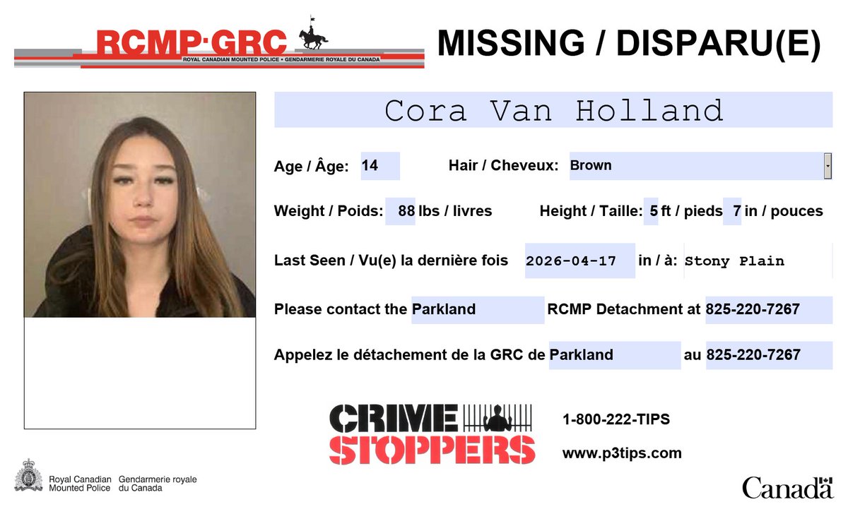 RCMPAlberta's tweet image. #Missing: Cora Van Holland, 14, #StonyPlain, #SpruceGrove, #Parkland. Possibly in #Edmonton.