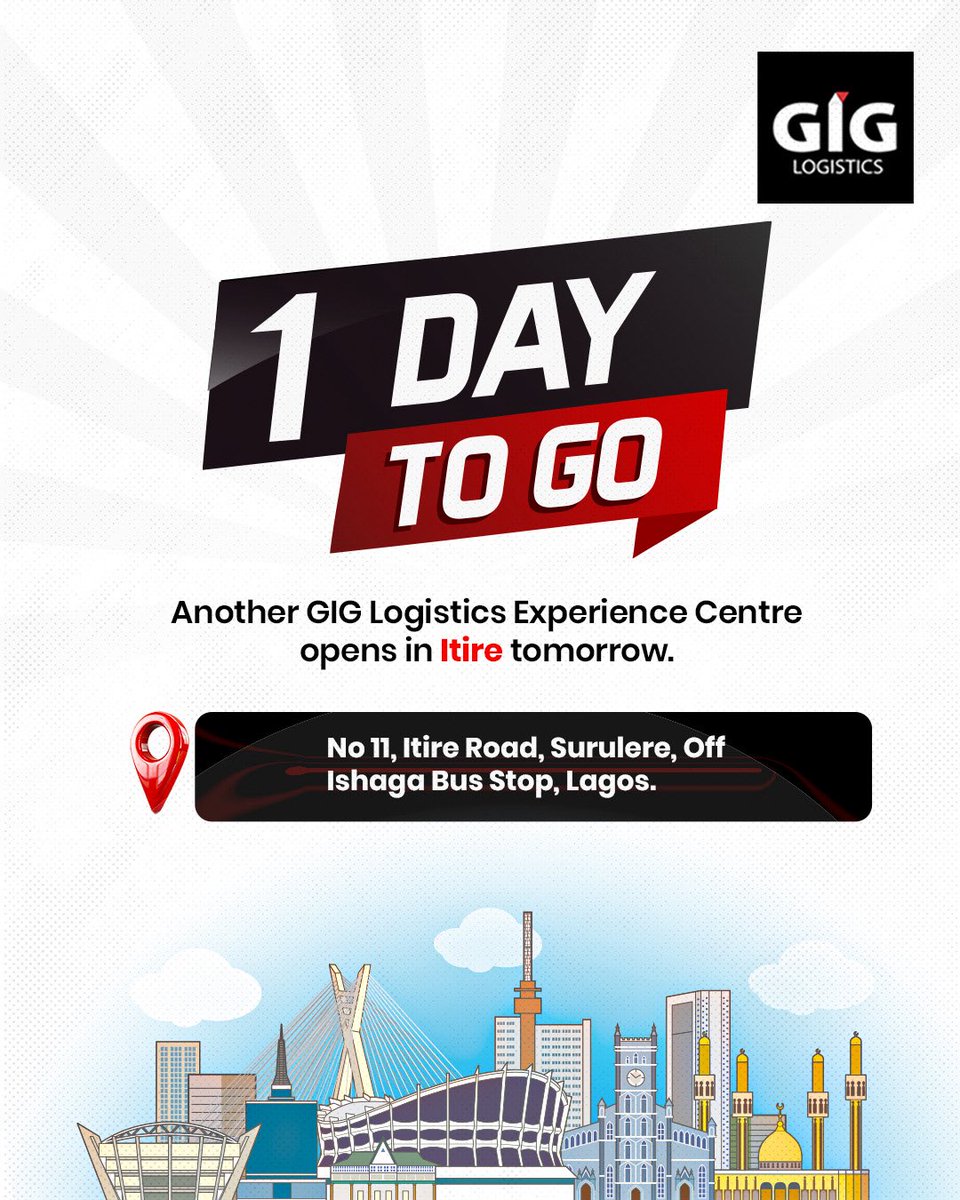 GiGLogistics's tweet image. Surulere, your new GIG Logistics Experience Centre opens tomorrow.

Find us at No. 11, Itire Road, Off Ishaga Bus Stop, Surulere, Lagos

We open tomorrow. We’ll be waiting for you.

#GIGLogistics #WeDeliver #GIGLSurulere #ExperienceCentre