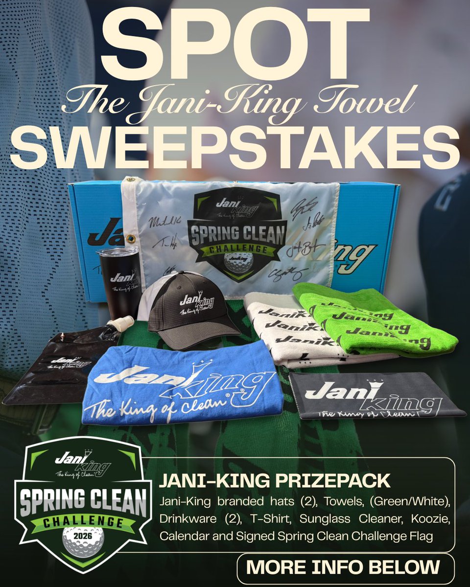 JaniKingClean's tweet photo. SWEEPSTAKES ALERT
Follow @janikingclean Share a photo of the iconic Jani-King towel on the links or on the broadcast &amp; tag us #SpringCleanChallenge #SpotTheTowelSweepstakes
T&amp;Cs apply
#JaniKing #SpotTheTowel #SpringCleanChallenge #GolfGiveaway https://t.co/uM8rf7TmZb