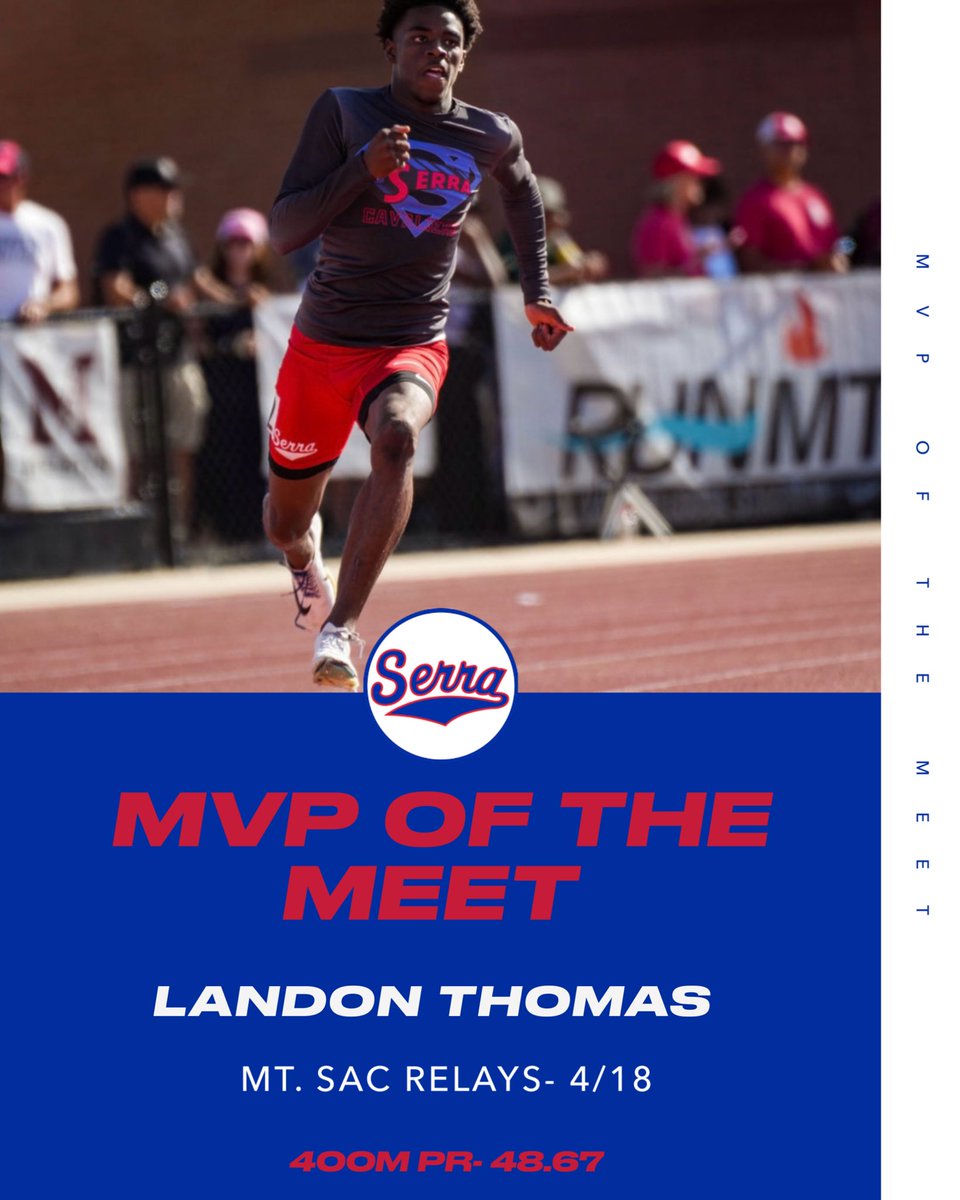 Serra_Track's tweet photo. Congratulations to Landon Thomas for being named MVP of the Meet after his performances at the Mt. Sac Relays.
He ran in FOUR events and ran a PR of 48.67 in the 400. Great job Landon!
#SerraSpeed https://t.co/8mPaMH6iuq