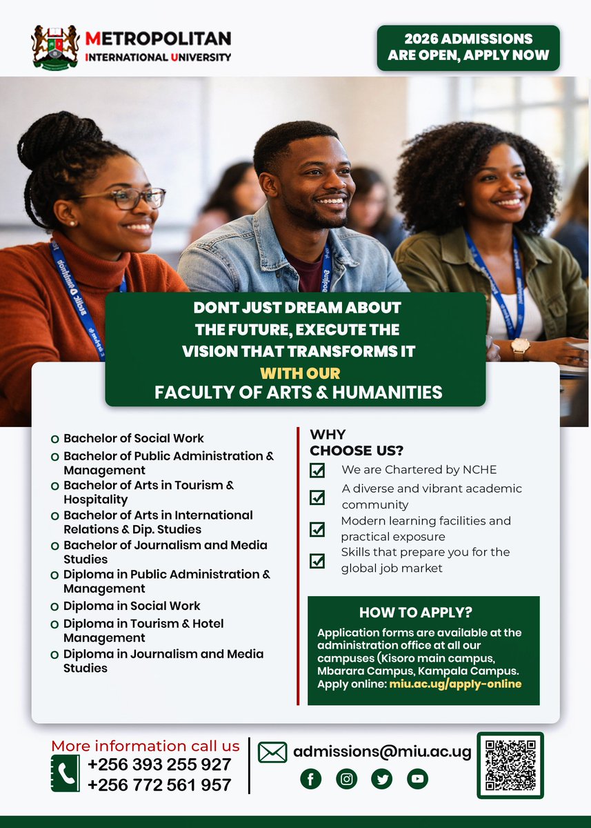 MIU_Uganda's tweet image. Join the Faculty of Education @MIU_Uganda  and develop the knowledge, skills, and practical experience to shape the future of learning. Apply today.

#MIU #AdmissionsOpen #FacultyOfEducation #HigherEducation #StudyInUganda #ApplyNow #EducationMatters