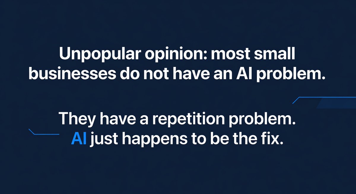 Introgr8's tweet photo. Unpopular opinion: most small businesses do not have an AI problem.

They have a repetition problem.

AI just happens to be the fix. https://t.co/KZBqW6mvw0