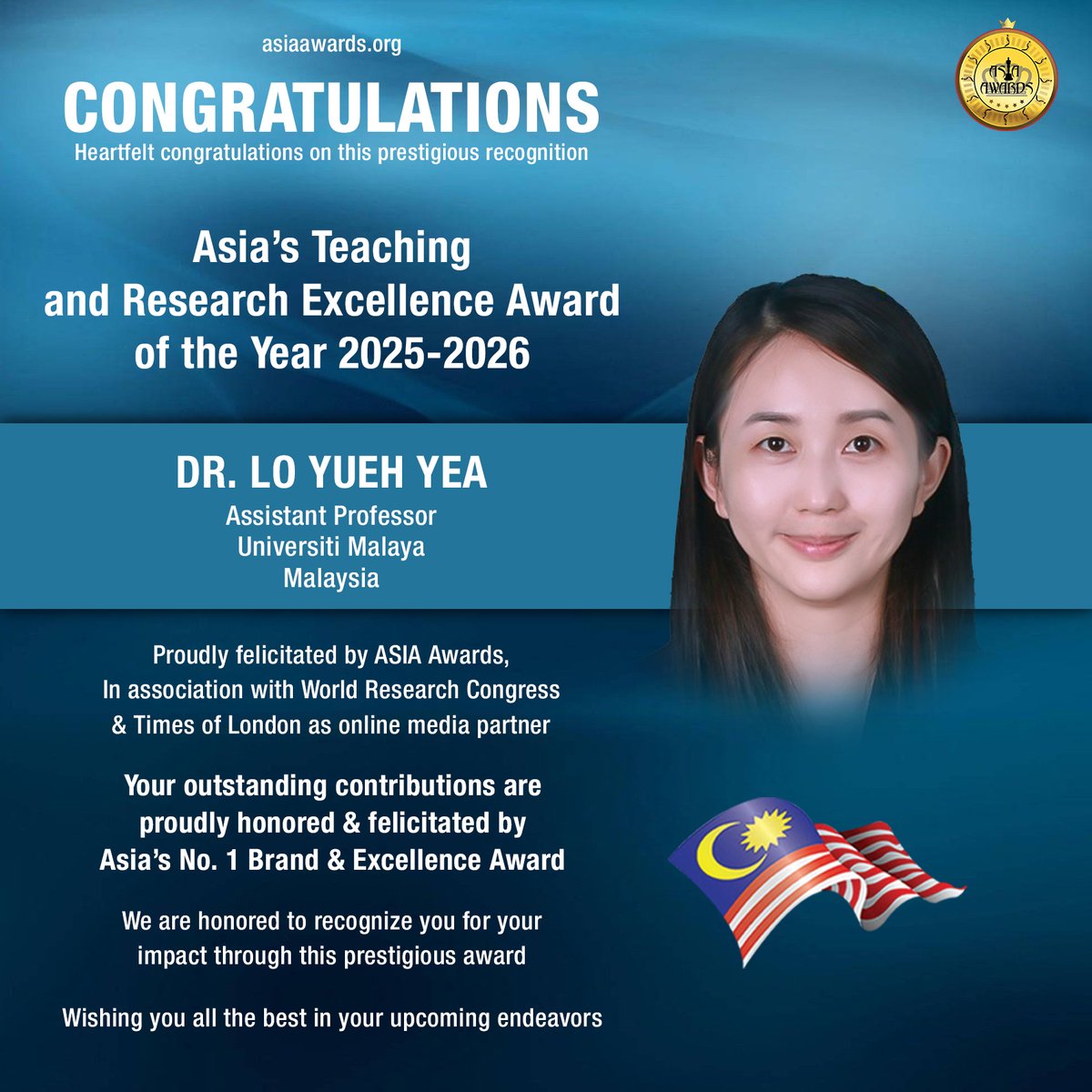 AsiaAwards1's tweet photo. !! CONGRATULATIONS !!!

DR. LO YUEH YEA, Assistant Professor, Universiti Malaya - Malaysia has bagged Asia’s Teaching and Research Excellence Award proudly presented by ASIA Awards

#asiaawards #awards

More info :
https://t.co/9WW8Q4xya2 https://t.co/ALrcqDsvaT
