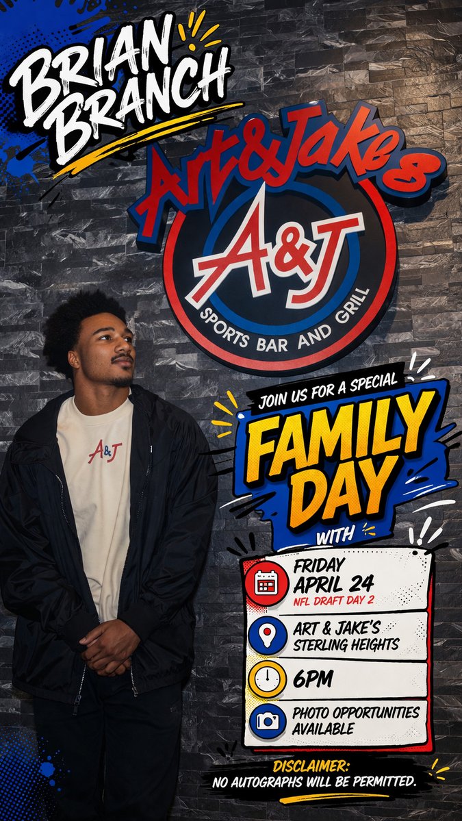 Artnjakes's tweet image. Join us for a special Family Day with @beautyofitbb THIS Friday, April 24 during NFL Draft Day 2🏈🤩

📍Art &amp;amp; Jake’s Sterling Heights
⏰6PM
📸Photo opportunities available

⚠️Disclaimer: No autographs will be permitted.

#ArtNJakes #FamilyDay #DetroitLions #NFLDraft
