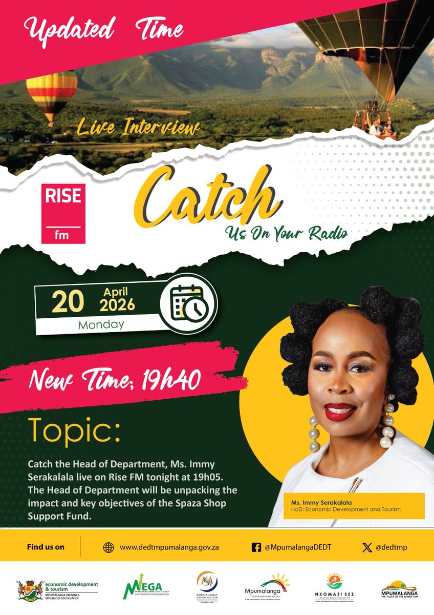 dedtmp's tweet photo. Catch the Head of Department, Ms. Immy Serakalala live on Rise FM tonight at 19h40. 

#MpumalangaAProvinceThatWorksForAll https://t.co/cY4l758NKP