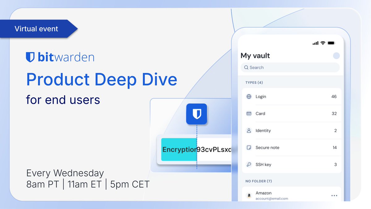 Bitwarden's tweet image. Two ways to level up with Bitwarden every Wednesday: Join the End User Deep Dive or the Admin Deep Dive. Whether managing credentials or managing teams, there's a session for everyone! Register now: btwrdn.com/4stEnIM #passwordmanager