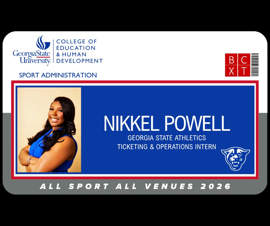 GSUSportAdmin's tweet photo. As a Ticketing &amp; Operations Intern, graduate student Nikkel Powell plays a key role in managing ticketing services and supporting event-day operations for Georgia State Athletics.
#GSUSportAdmin #TheStateWay #InternCard https://t.co/yLaMJx3XBB