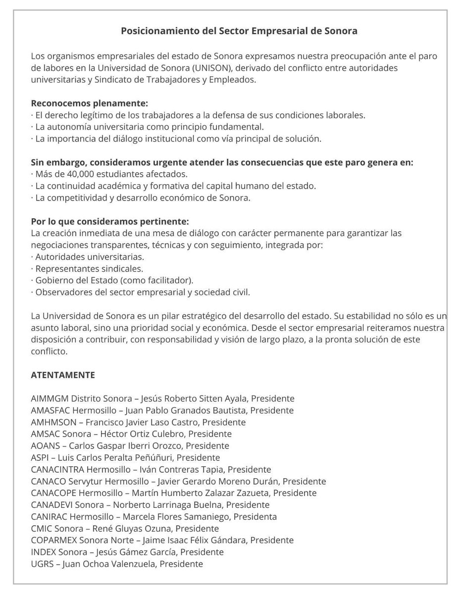 Desde @canacintrahmo manifestamos nuestra preocupación ante el paro de labores en <a href="/SoyUnison/">Soy Unison</a>.

Hacemos un llamado a privilegiar el diálogo, el respeto a la legalidad y la pronta solución del conflicto, en beneficio de los estudiantes y del desarrollo de Sonora.