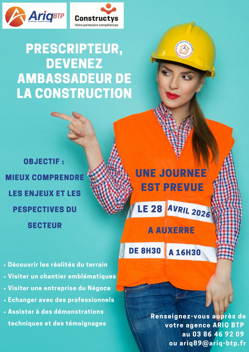 ARIQBTPBFC's tweet photo. Prescripteurs : devenez Ambassadeurs de la Construction ! le 28 avril à Auxerre
-> 03 86 46 92 09 ou ariq89@ariq-btp.fr https://t.co/X9cqs3YrZN