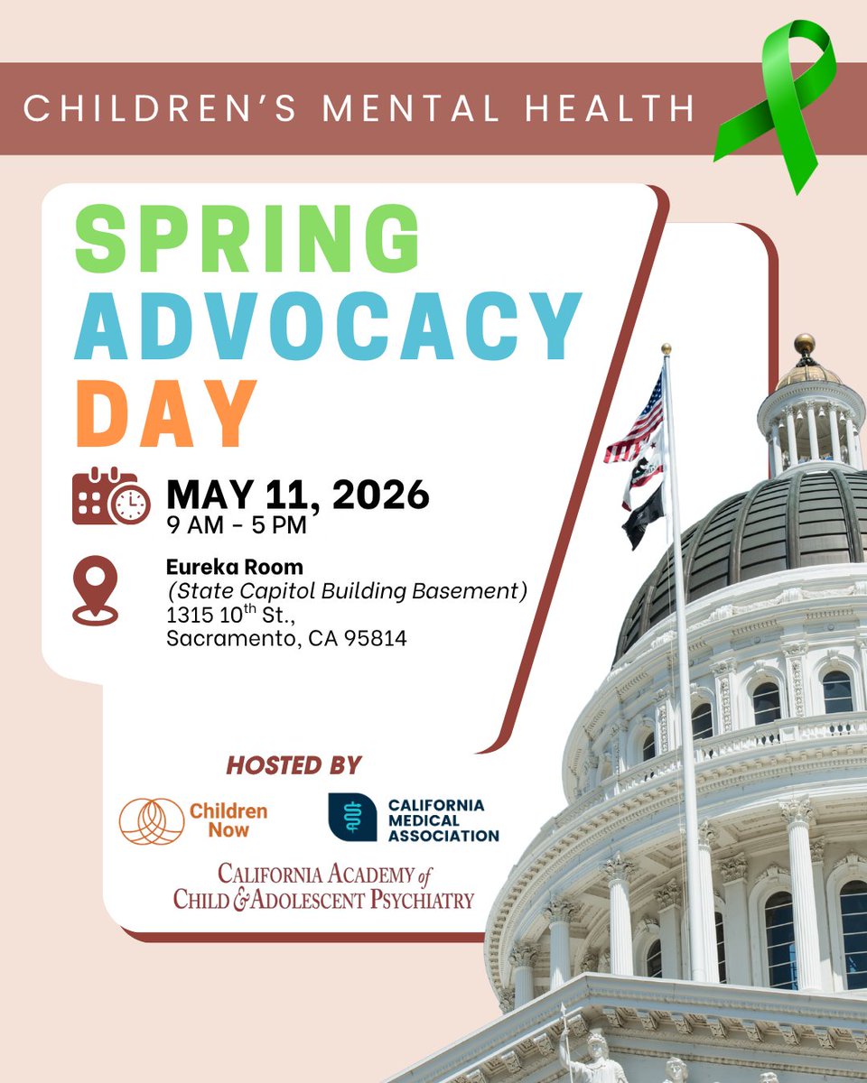 InfoCalacap's tweet photo. Advocate for youth mental health in Sacramento at the 2026 Spring Advocacy Day.
📅 May 11 | 9 AM – 5 PM 
📍CA State Capitol 
Keynote: Assemblymember Dawn Addis
Travel support available (eligible AACAP trainees/students)
Register now: https://t.co/8qlfD6qpIm
#ChildrensMentalHealth https://t.co/zSi3BHqqcF