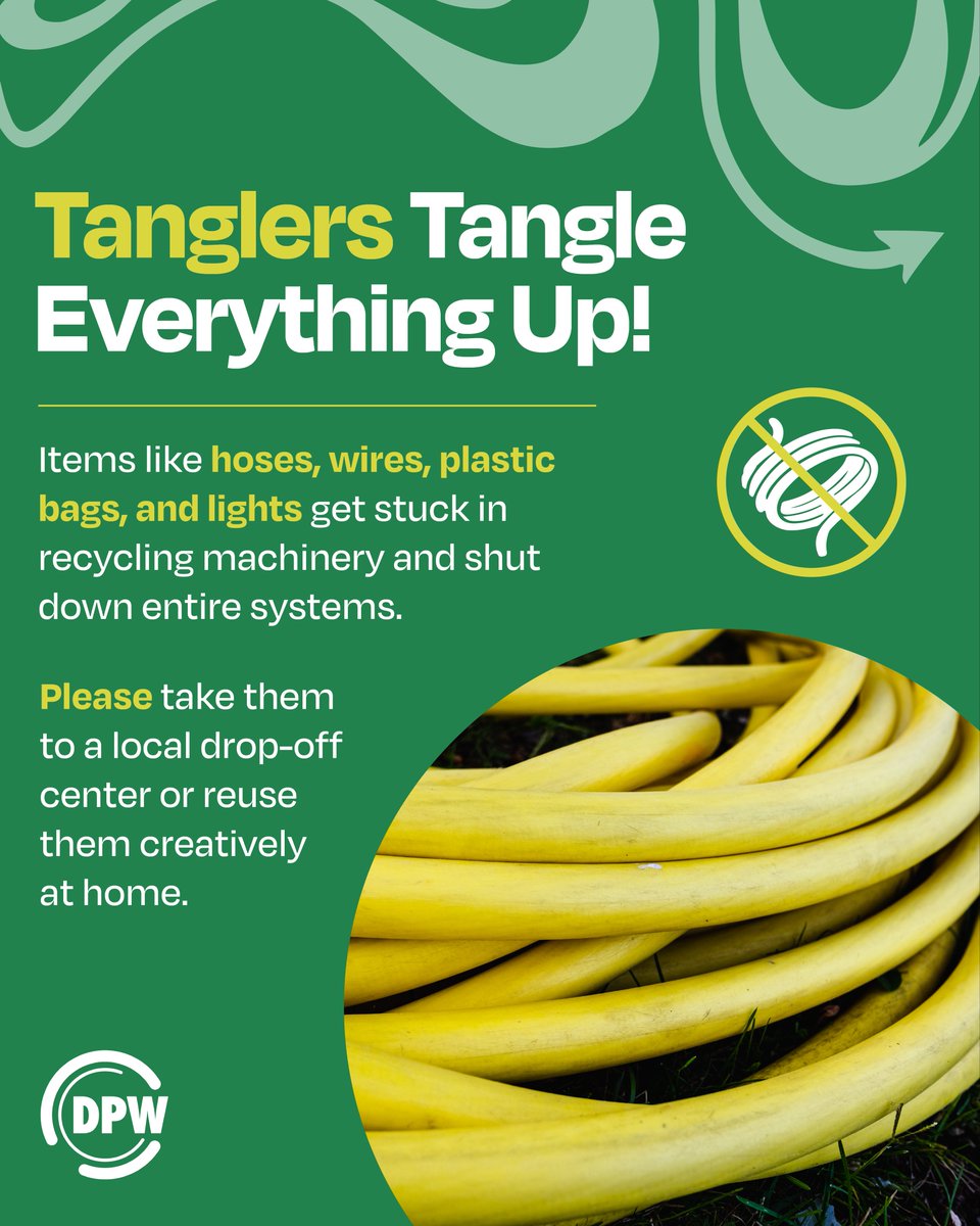 🪢 Items like hoses, wires, plastic bags, and lights get stuck in recycling machinery and shut down entire systems. 

Please take them to a local drop-off center or reuse them creatively at home. ♻️ Not sure what to recycle? Click the link below!

baltimorecity.gov/publicworks/tr…