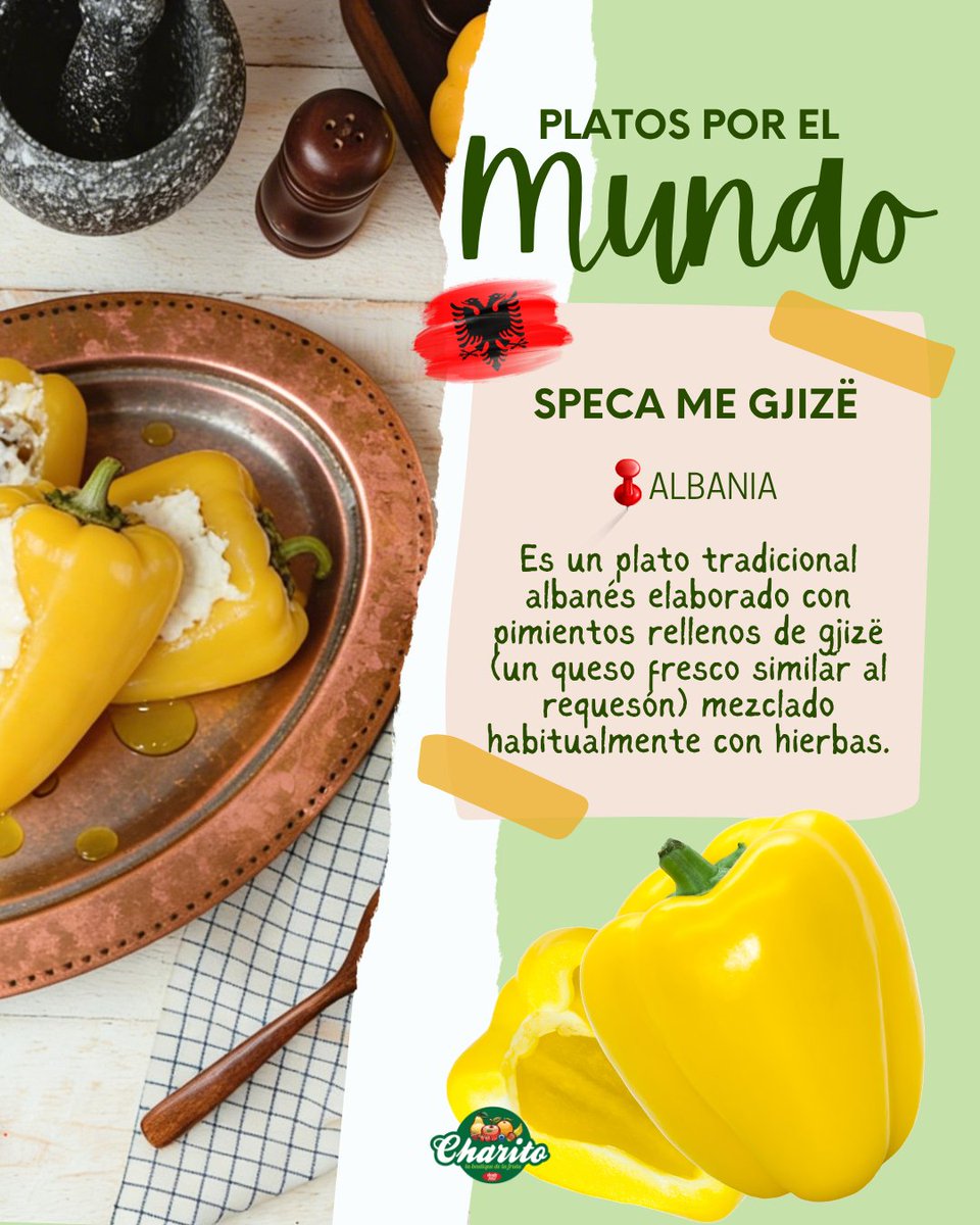 FrutasCharito's tweet photo. 🌍 ¡Viajamos hasta Albania sin salir de la cocina!
Hoy en nuestra sección Platos por el Mundo, te presentamos una delicia sencilla pero llena de sabor: Speca me Gjizë. 🇦🇱
#frutascharito #platosporelmundo #pimientosrellenos https://t.co/X4GSEZyk5T
