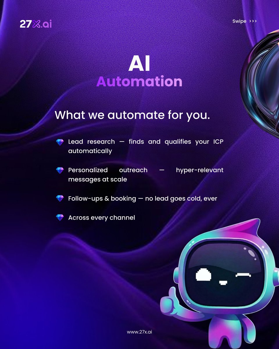 27x_ai's tweet photo. Your sales team clocks out at 5. Your pipeline shouldn't.

https://t.co/PqdlnnrfgO is a prompt-driven Revenue Operating System that runs your entire outbound sales — autonomously. 
 Try https://t.co/PqdlnnrfgO free → https://t.co/QddChQL9CO 
#SalesAutomation #AIForSales #27xai https://t.co/koeofoB1Hc