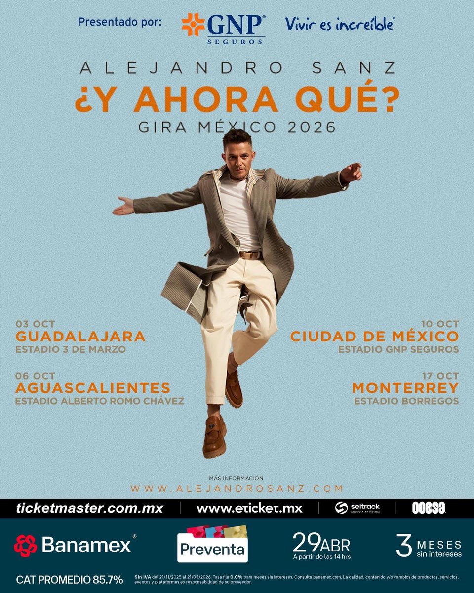¿Y Ahora Qué? nuevas fechas para México 🇲🇽 <a href="/AlejandroSanz/">Alejandro Sanz</a> 💙💙💙👏🏼👏🏼👏🏼