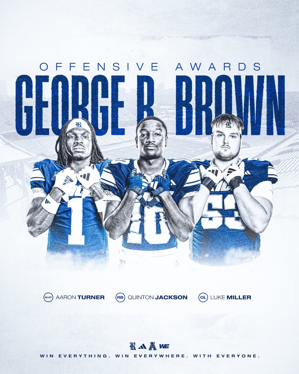 RiceFootball's tweet image. The George R. Brown Offensive Awards go to Running Back Quinton Jackson, Offensive Tackle Luke Miller, and Slot Receiver Aaron Turner‼️

#WE