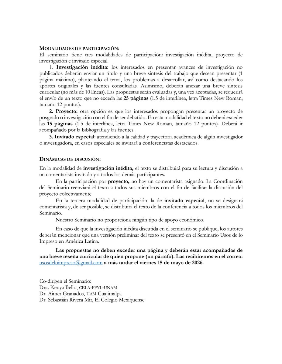 Abrimos nuestra convocatoria para el periodo agosto de 2026-junio de 2027 🚨
Fecha límite para enviar propuestas: viernes 15 de mayo. ‼️

Esperamos con ansias sus propuestas y agradeceremos que corran la voz.