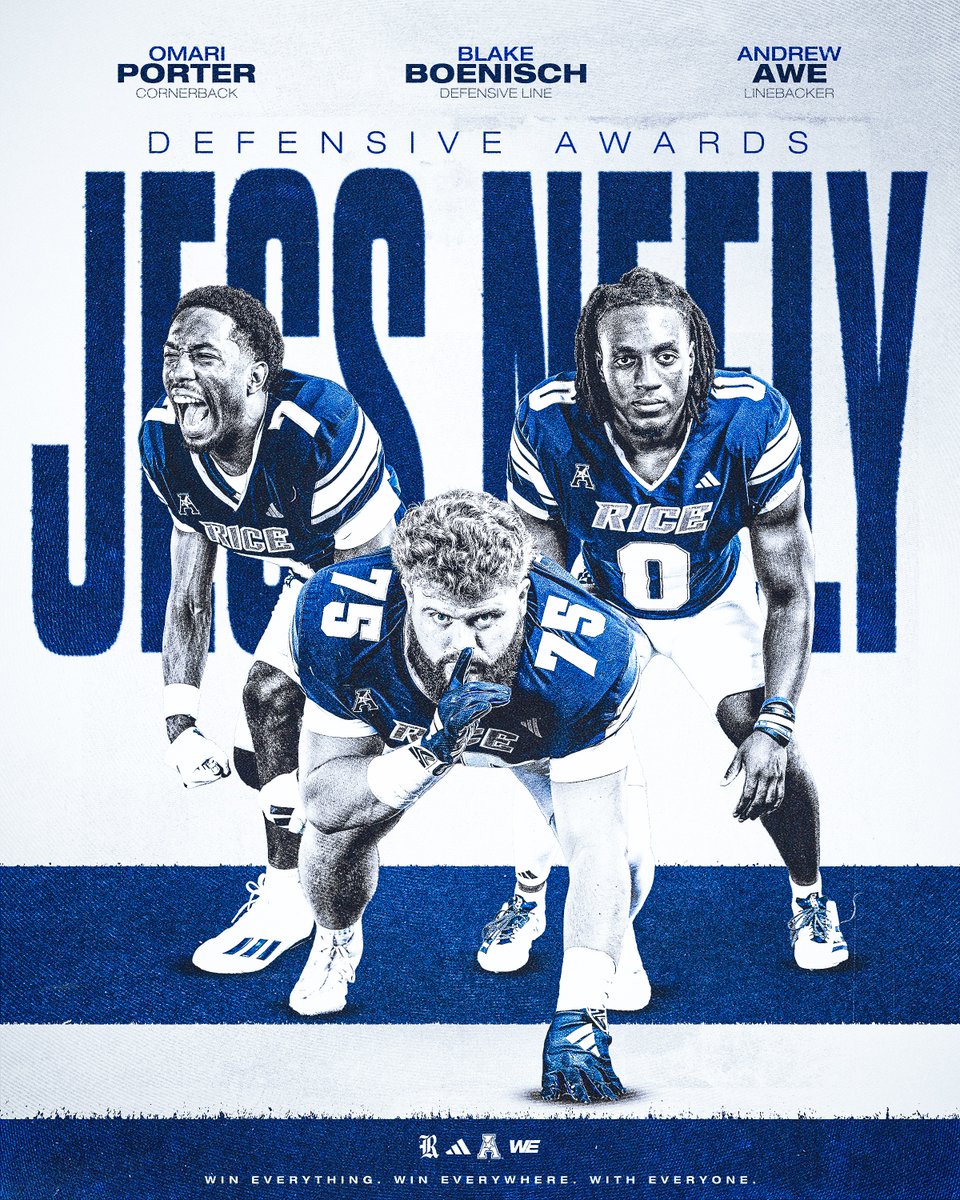 RiceFootball's tweet photo. @Q_jack10 @lukemiller53 @aaronturnerr The Jess Neely Defensive Awards go to Linebacker Andrew Awe, Defensive Lineman Blake Boenisch and Cornerback Omari Porter ‼️

#WE https://t.co/aRMYJ6s0Kj