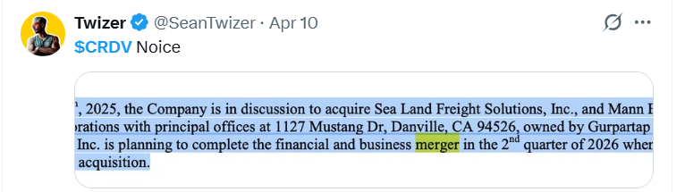 nehoray216484's tweet photo. $CRDV Another play that got dumped because of ALPS (like $TIPS and $NXGB)

Looks like the dilution has stopped.
only 240M DTC‼️about half of $NXGB.

They also tweeted last week about updates coming soon, and the latest filings mention a MERGER 👀

I took at 0.0007/0.0008 https://t.co/PBzBRgYmOJ