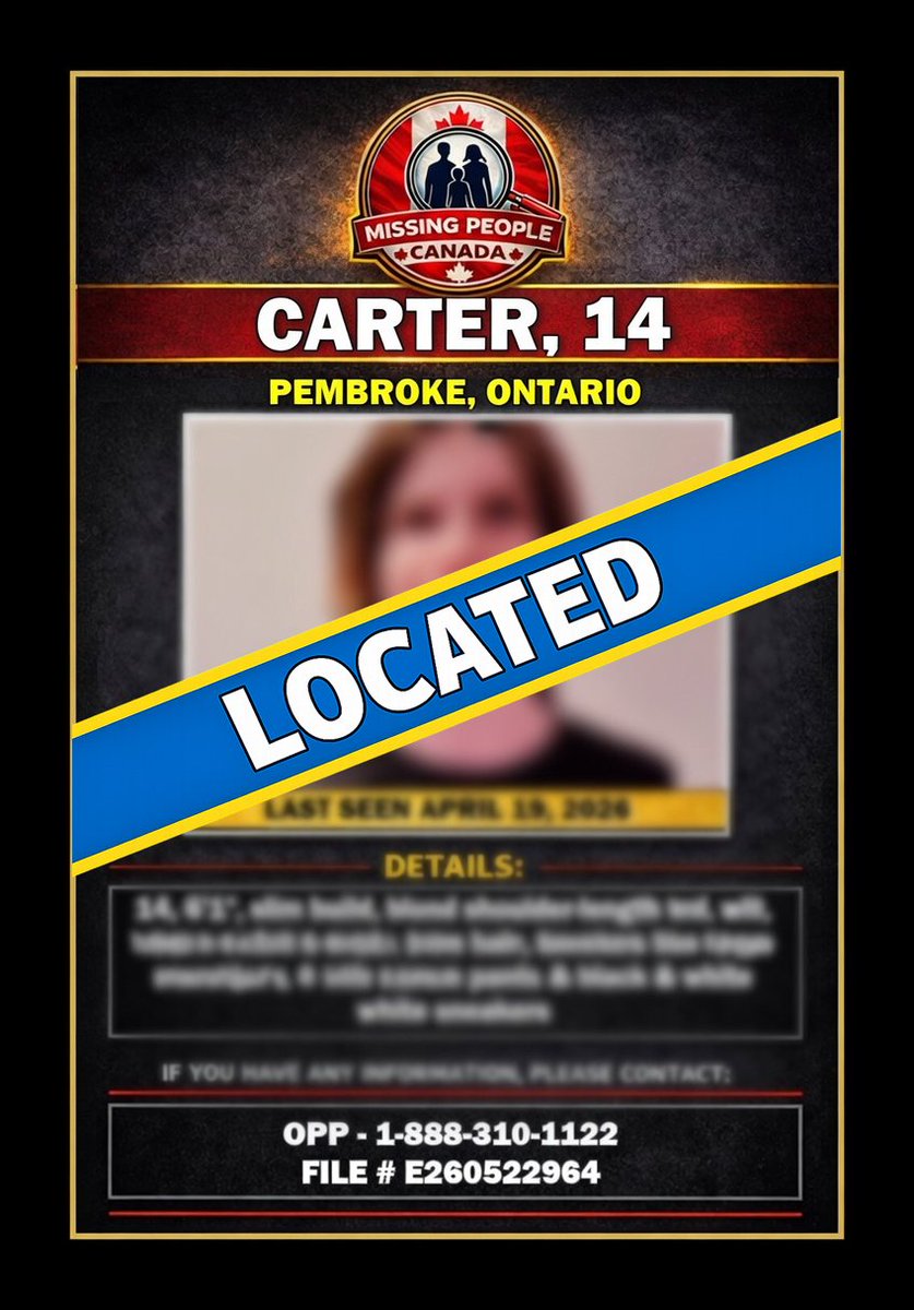 Missing_CA's tweet image. ✅ LOCATED – CARTER

Carter, 14, who was reported missing in Pembroke, Ontario, has been located.

Thank you to the community for your assistance.

#Located #Carter #Pembroke #Ontario #MissingPersonLocated #MissingPeopleCanada