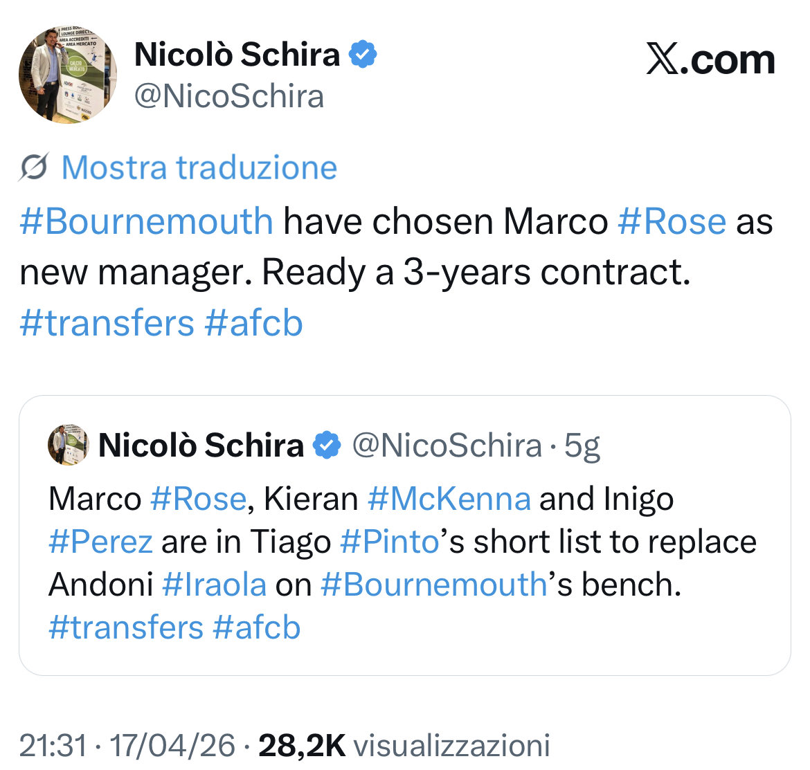 NicoSchira's tweet image. Now it’s official! Marco #Rose is new #Bournemouth’s manager. 3-years contract. No surprise here and confirmed since the April 15! #transfers #afcb