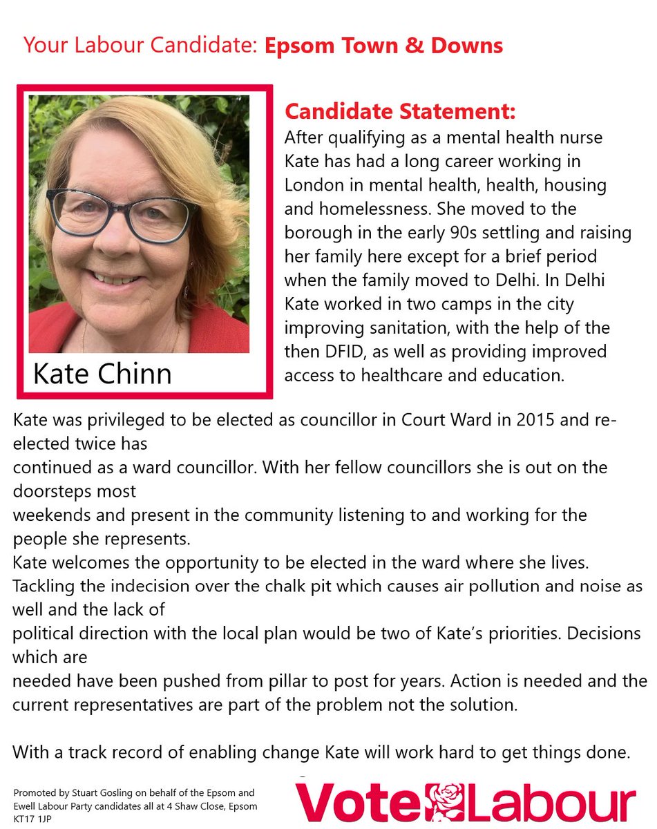 ee_labour's tweet image. Introducing Kate Chinn who is standing for Labour in the ward of Epsom Town and Downs for the East Surrey unitary council elections on 7th May. 
#VoteLabour #Epsom #Surrey