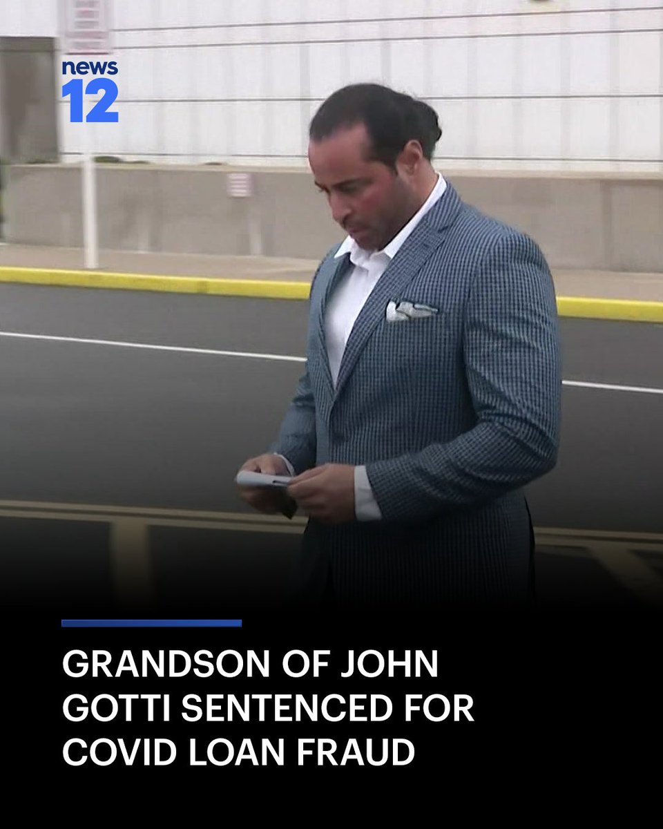 News12's tweet image. JUST IN: Late mob boss John Gotti’s grandson Carmine Agnello has been sentenced to 15 months in federal prison for COVID loan fraud. 

READ MORE: bit.ly/3OENd8q

#News12 #Crime #JohnGotti