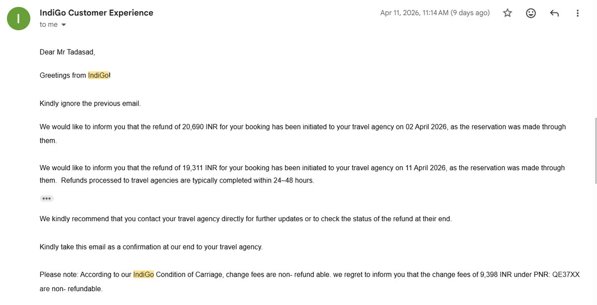 sumeetadasad's tweet photo. @bookingcom @IndiGo6E @bookingcom @IndiGo6E IndiGo has already refunded ₹40,000 for my booking, however I have received only ₹23,660 so far from you (@bookingcom ). ₹16,340 is still pending. Customer support keeps giving different responses. Kindly resolve this urgently. https://t.co/7Fv3i7nxf0