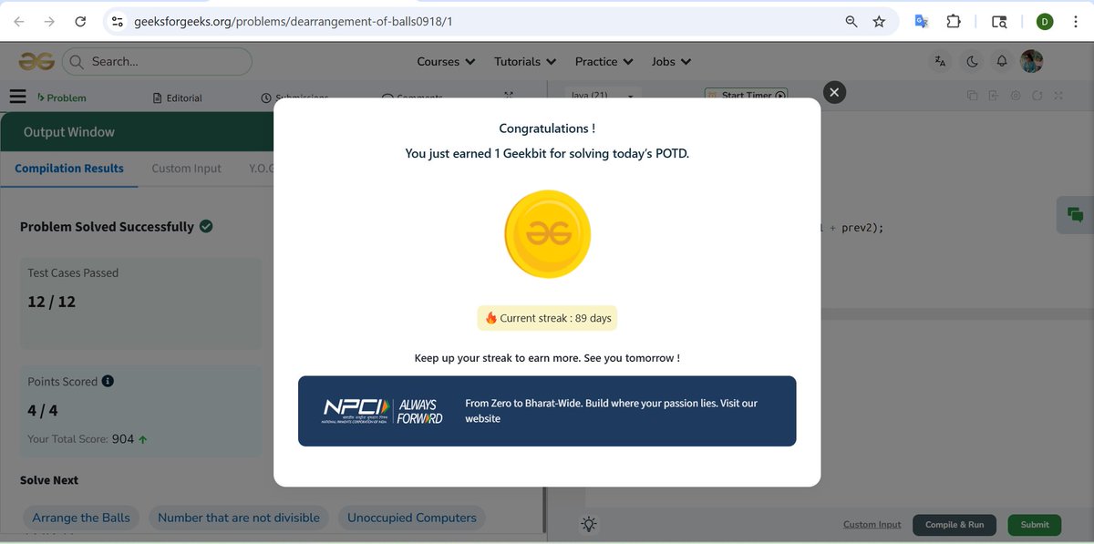 DebalinaPa3851's tweet image. Day 67 of POTD - 60 Days of Problem Solving           "Count Derangements"
@geeksforgeeks

@NPCI_NPCI

#geekstreak60 #npci #Coding