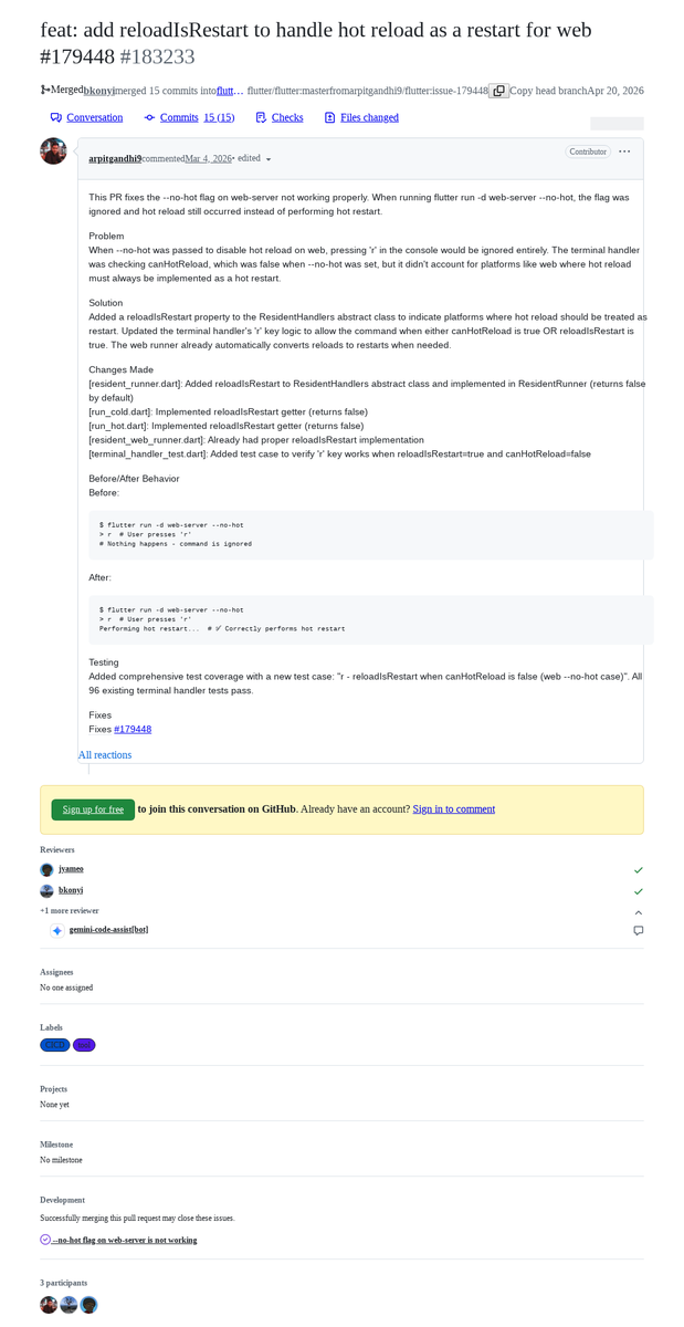 FlutterMerge's tweet image. "feat: add reloadIsRestart to handle hot reload as a restart for web #179448" by Arpit Gandhi was merged into #Flutter master github.com/flutter/flutte…