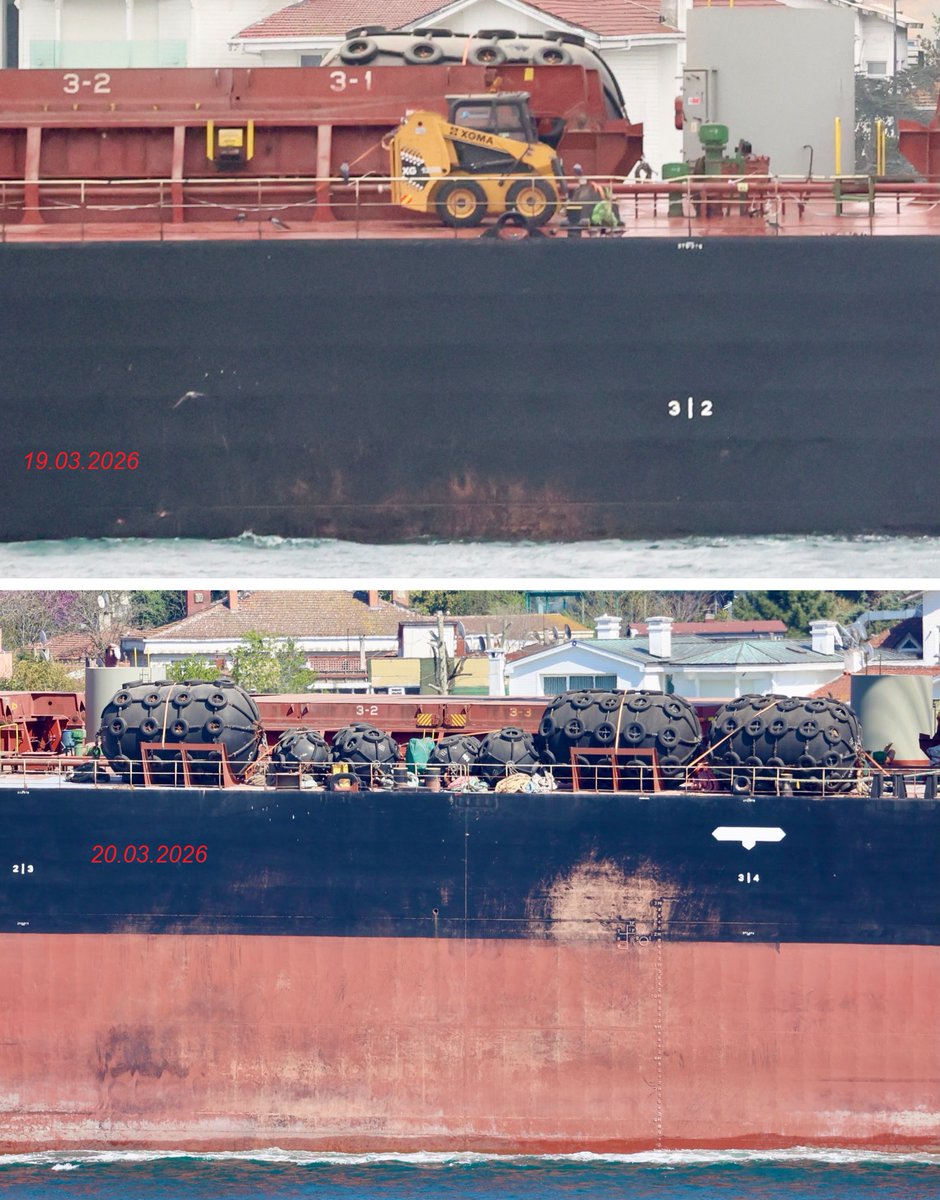 Публікуємо підтвердження, що ABINSK (IMO: 9303869) розвантажився в Хайфі. 
20.04.2026 ABINSK пройшов Босфором в Чорне море, по фото видно, що він йде без вантажу. Надаємо порівняння з фото від 19.03.2026, коли завантажене судно пройшло Босфор з півночі на південь на шляху до