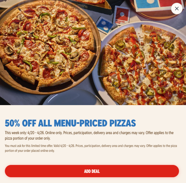 Pricerrors's tweet image. 50% OFF ALL PIZZAS @ DOMINOS 🍕

This week only 4/20 - 4/26.

Must order online to receive deal.

dominos.com #ad
