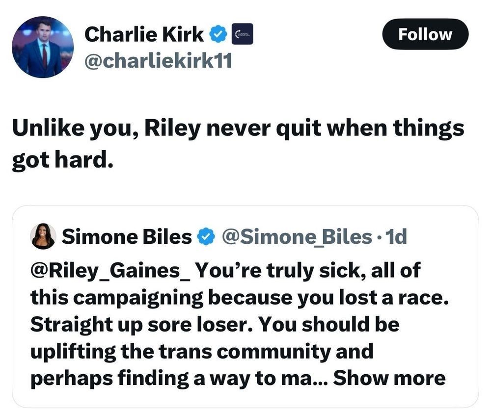 baz_blackadder's tweet image. Charlie Kirk once mocked Simone Biles as "a weak quitter" for being traumatised from being sexuality molested by Larry Nassar.
He proved that the conservative right just despise women. 😏 #CharlieKirk